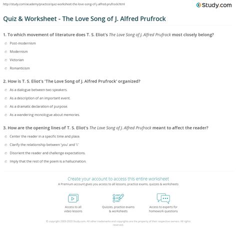 1) who is the speaker of the poem and to whom is. Quiz & Worksheet - The Love Song of J. Alfred Prufrock ...