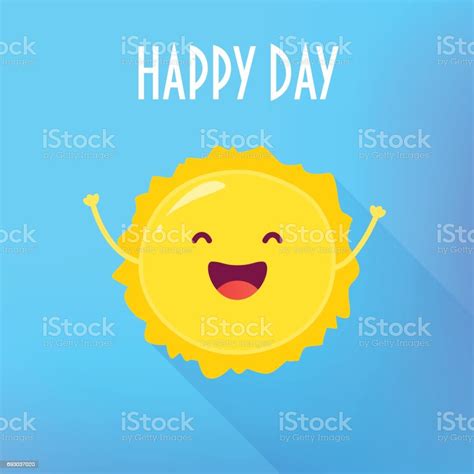 Funny Cartoon Sun Raises Hands Up And Smiles Happy Day Card Flat Style