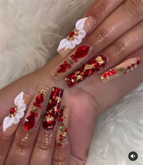 Red Luxury Long Acrylic Nails Gold Acrylic Nails Quinceanera Nails