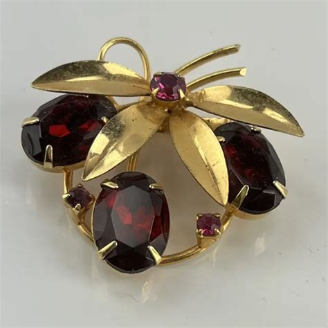 VINTAGE S MID Century Atomic Gold Tone Red Rhinestone Spray Flower Pin Brooch PicClick