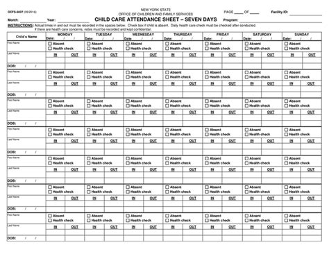 Child Care Attendance Sheet 7 Days In Word And Pdf Formats