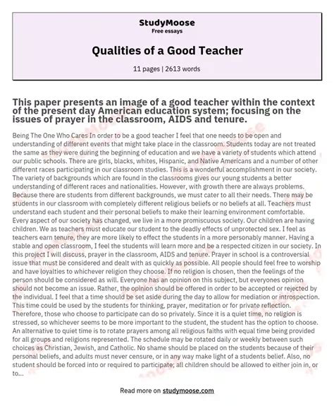 Qualities Of A Good Teacher Free Essay Example