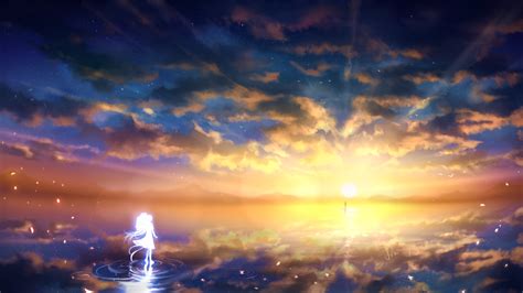 Anime Girl Sunset Sky Clouds Beauty Landscape Wallpaper 1920x1080 795963 Wallpaperup