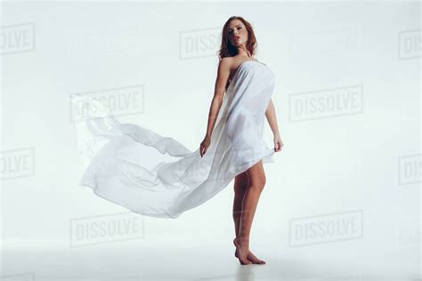Sensual Babe Woman Posing With A White Scarf On Her Body Naked Woman In Transparent Cloth