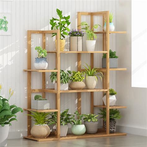 Kingdely 6 Tier Wooden Bamboo Rack Indoor Outdoor Bamboo Shelf Flower