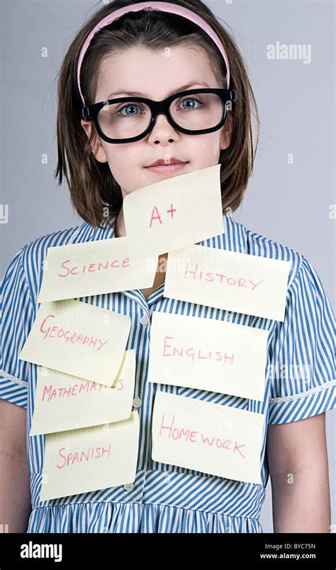 Nerdy School Girl Covered With Post It Notes Stock Photo Alamy