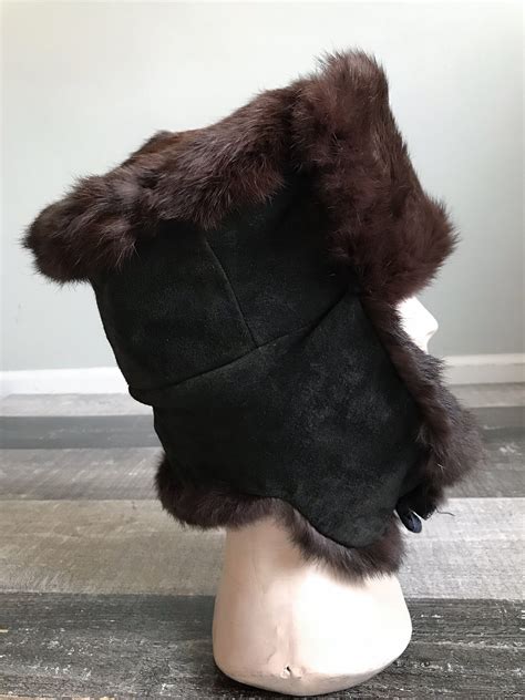 Vintage Fur Trapper Hat Brown Rabbit Fur Hat Black Leather Etsy Hong Kong