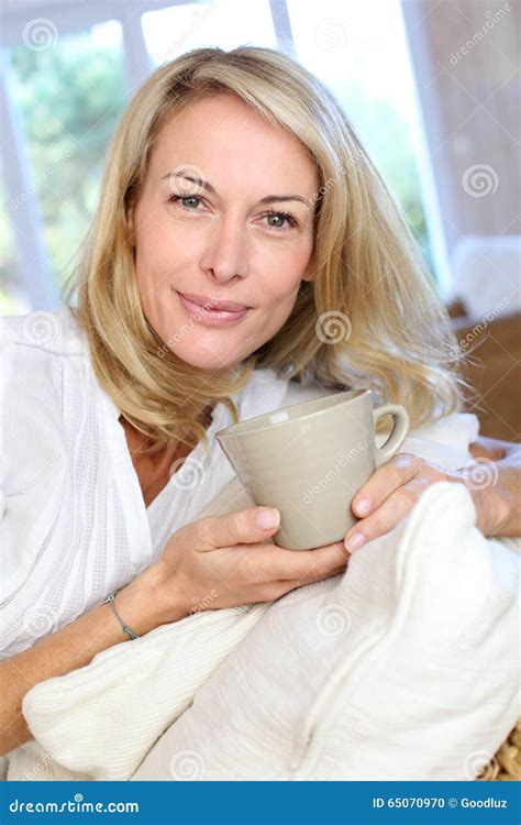 Mature Blond Woman With Cup Of Tea Stock Photo Image Of Hair House