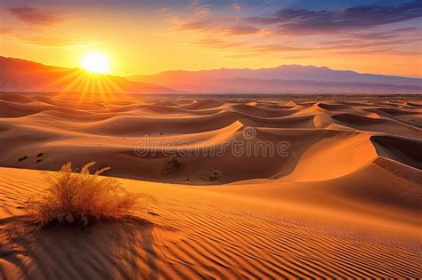 Desert Dunes With View Of The Setting Sun And Vibrant Colors Stock