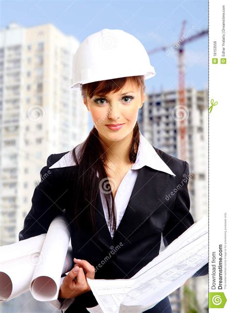 Smiling Young Female Architect Stock Photo Image Of Hardhat Table
