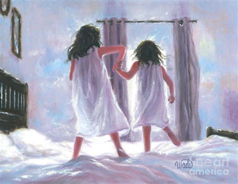 Two Sisters Jumping On The Bed Painting By Vickie Wade