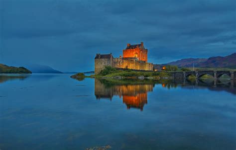 Wallpaper Night Lights Lake Castle Scotland Eilean Donan Images