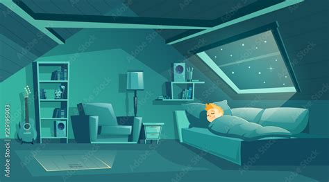 Vector Cartoon Attic Room At Night With Boy Sleeping On Sofa Modern