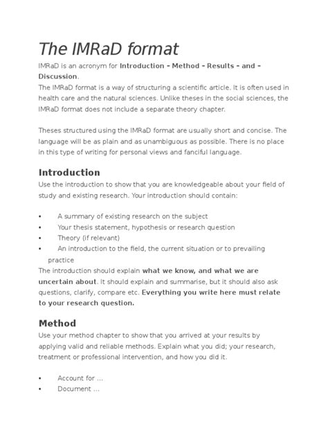 In order for someone to be able to perhaps eliza's college professor who is conducting the experiment to write a thesis paper would be at the top. The IMRaD Format | Thesis | Theory