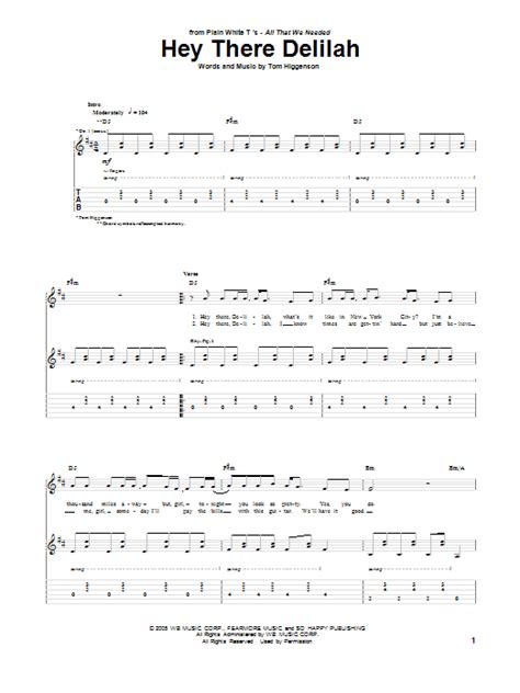 Hey There Delilah By Plain White Ts Guitar Tab Guitar Instructor