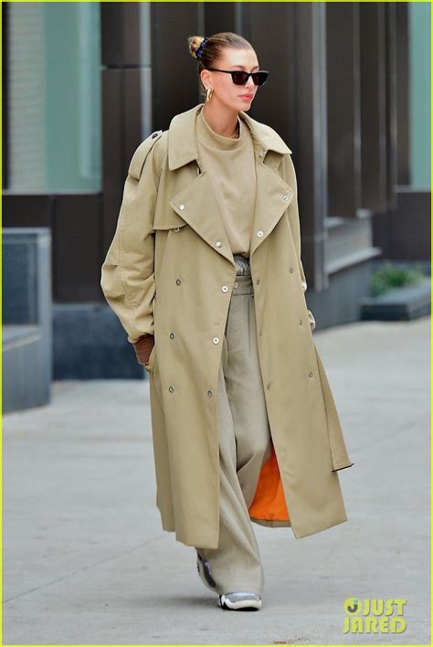 hailey bieber looks fall ready in oversized beige trench coat photo 1200432 photo gallery