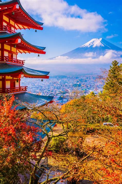 Beautiful Landscape Of Mountain Fuji With Chureito Pagoda Around Maple