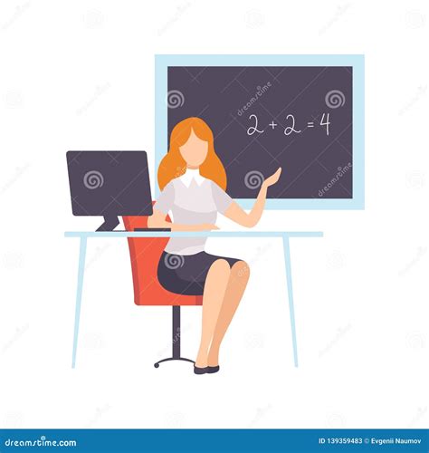 Woman Teacher Character Sitting In Front Of School Blackboard Teaching