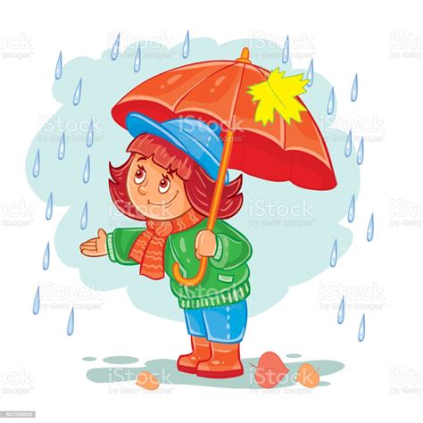 Vector Icon Of Small Girl With An Umbrella Standing In The Rain Stock
