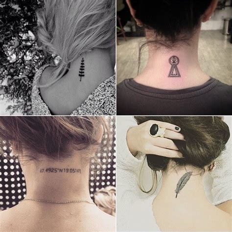 Four Different Pictures With Tattoos On Their Neck And Behind The Neck