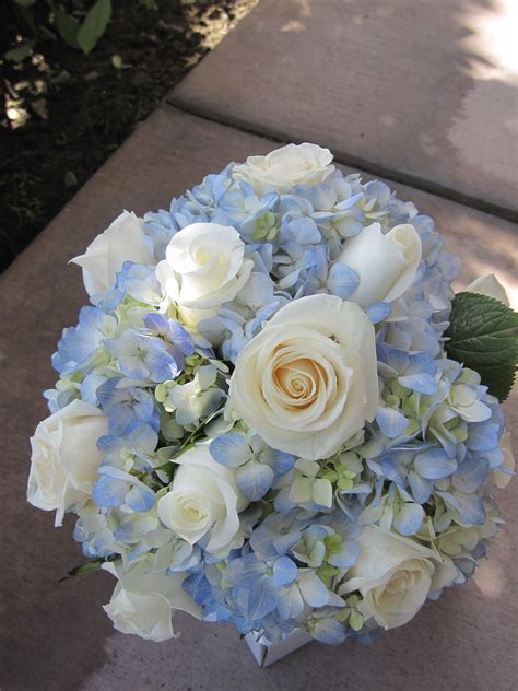 Bridal Bouquet Blue Hydrangeas With White And Ivory Roses