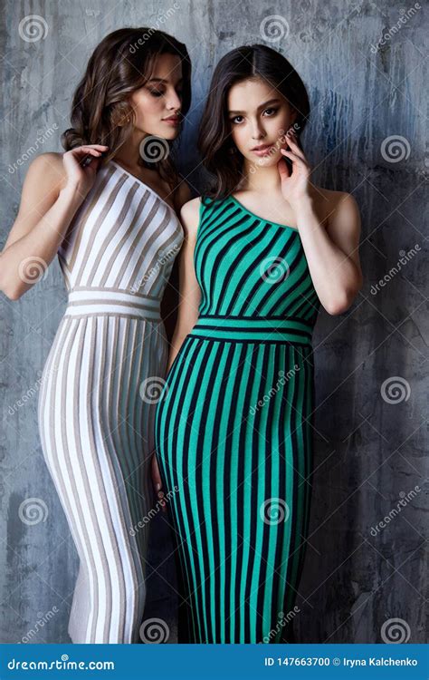 Two Pretty Beautiful Elegance Woman Skin Tan Body Fashion Model Glamor