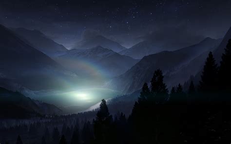Lake Night Cg Stars Trees Mountains Landscape Wallpapers Hd