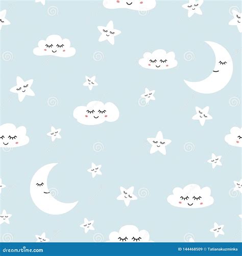 Cloud Seamless Pattern Sleeping Clouds Moon Stars Baby Boy Background