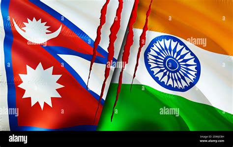 Nepal And India Flags With Scar Concept Waving Flag 3d Rendering Nepal And India Conflict