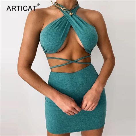 Articat Sexy Hollow Out Backless Two Pieces Set Women Criss Cross Halter Crop Top Solid Mini