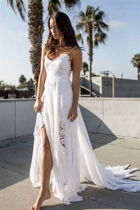 A Line Spaghetti Strap White Lace Chiffon Backless Beach Wedding Dress Promdressmeuk