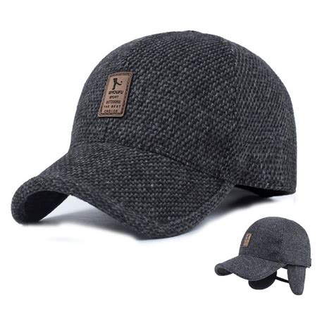 Mens Winter Baseball Caps Male Warm Wool Woolen Tweed Baseball Hat With Fold Earmuffs Warmer