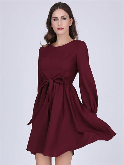 Dark Red Layered Dress Round Neck Chiffon Knee Length Dresses Style