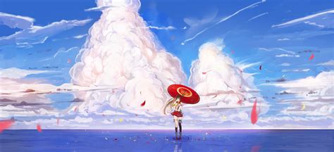 Female Anime Character Under Red Umbrella Illustration