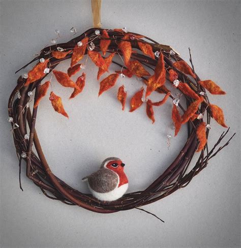 Robin Wreath Needle Felted Robin Wet Felted Foliage By