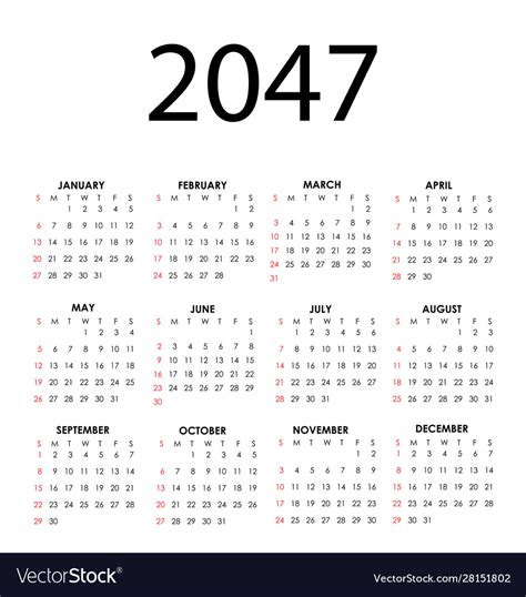 Calendar 2047 Royalty Free Vector Image Vectorstock