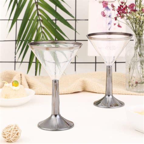 8 Pack 5 Oz Plastic Martini Cocktail Glass Disposable 2 Piece Silver Rimmed Design