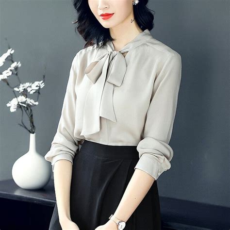 Korean Fashion Clothing 100 Silk Women Blouses Bow Long Sleeve Shirt