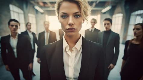 Premium Ai Image A Woman In A Suit Stands In Front Of A Group Of People
