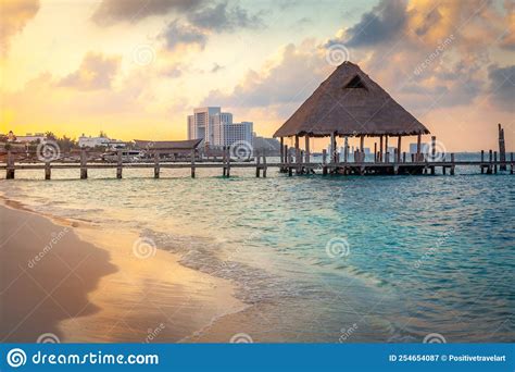 Cancun Idyllic Caribbean Beach And Gazebo Palapa At Sunset Riviera