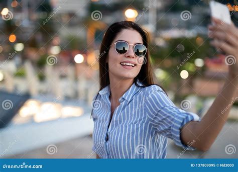 Beautiful Happy Woman Taking Selfie Outdoor At Night Stock Image Image Of Selfie Person