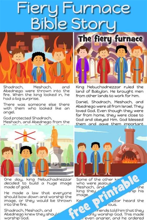 Features cute characters and a moral lesson for kids. Bible story of Shadrach, Meshach, and Abednego and the ...