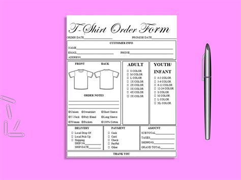 Editable Tshirt Order Form Printable Ready To Use Template Etsy