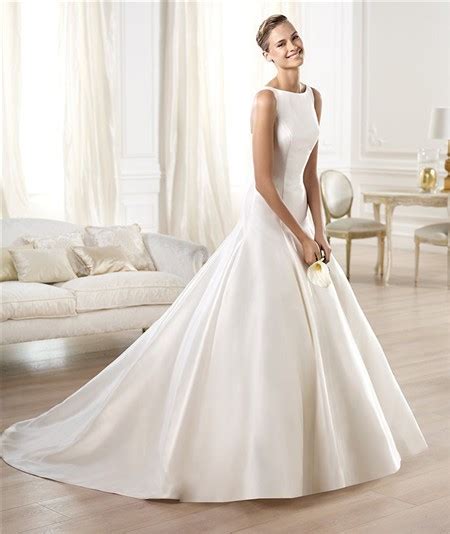 Fall, summer, spring sleeve length: Modest Simple A Line Bateau Neckline Satin Wedding Dress ...