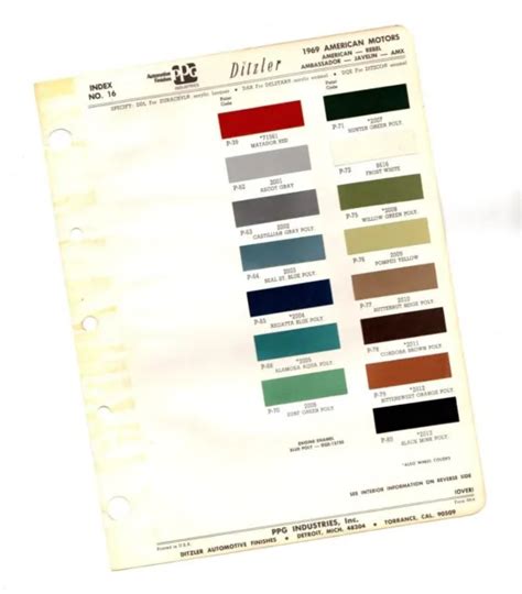 1969 Amc Color Chip Paint Sample Brochurechart Amxjavelinrebel