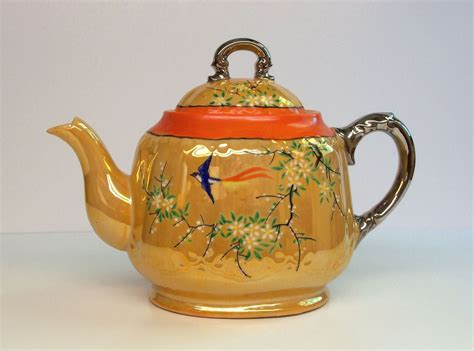 Vintage Gold Castle Chikusa Orange Luster Ware Tea Pot Hand Painted Japan Goldcastle In