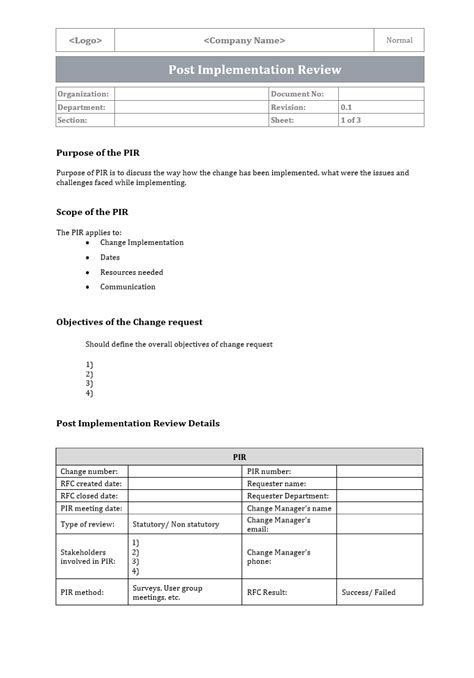 Post Implementation Review Template Itsm Docs Itsm Documents