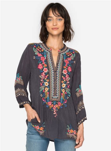 Johnny Was Sima 34 Sleeve Embroidered Navy Tunic Blouse Plus Size