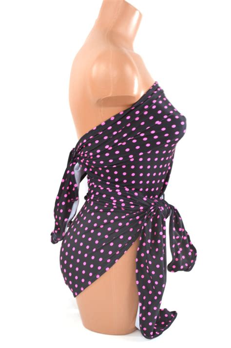 Medium Bathing Suit Black With Pink Polka Dots Wrap Around Swimsuit Cl Hisopal Art~swimwear