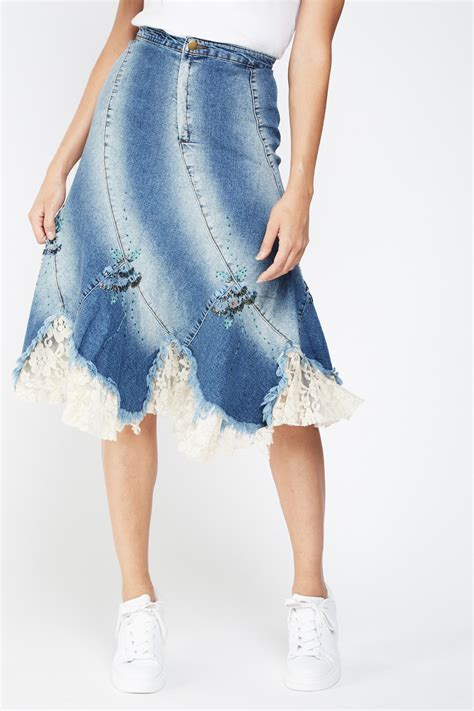 Embellished Lace Trim Flared Denim Skirt Just 7